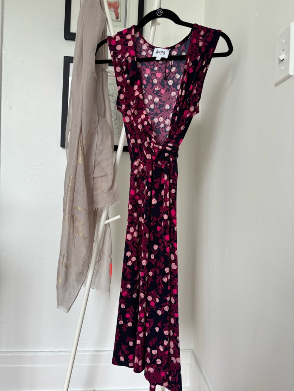 Leota Pink and Burgundy Floral V-Neck Dress
